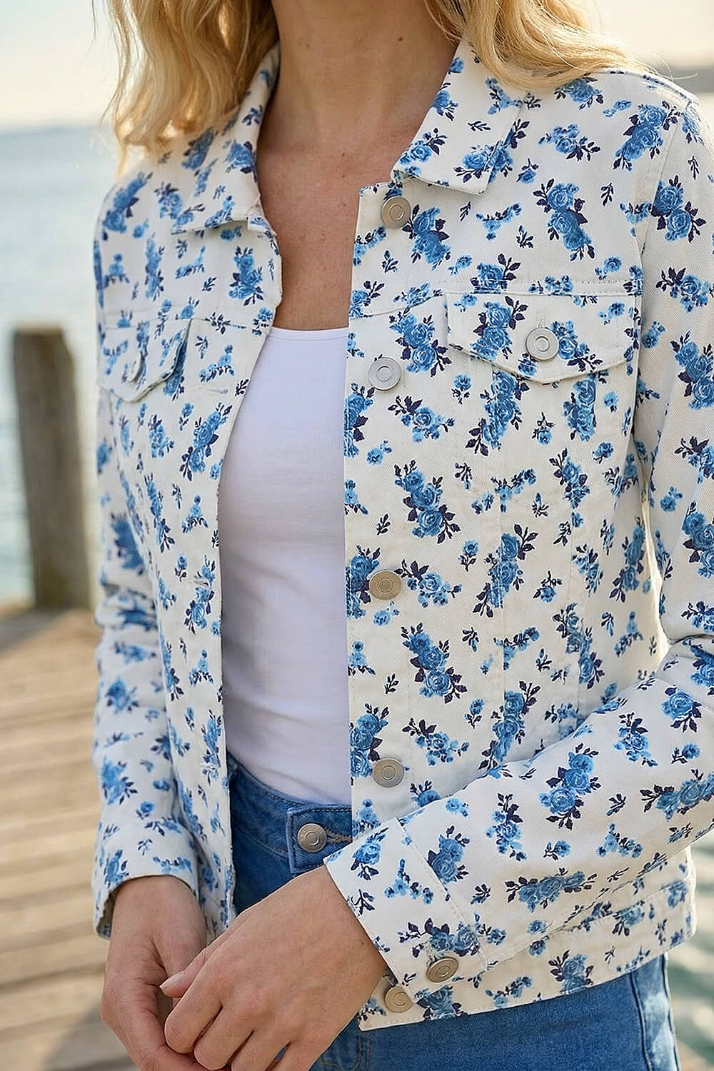 Ivory Floral Print Bengaline Denim Jacket, Image 5 of 4