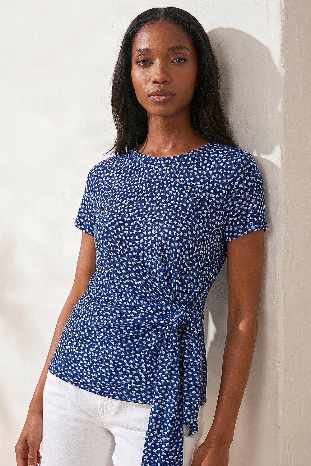 Navy Petite Spot Print Tie Side Top, Image 1 of 4
