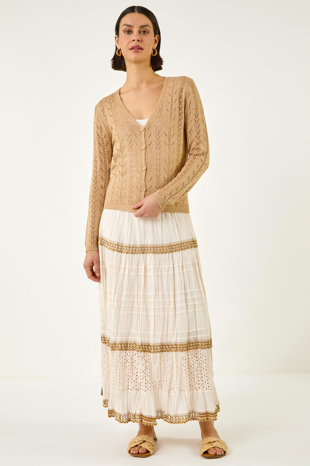 Beige Shimmer Button Knit Cardigan, Image 4 of 6