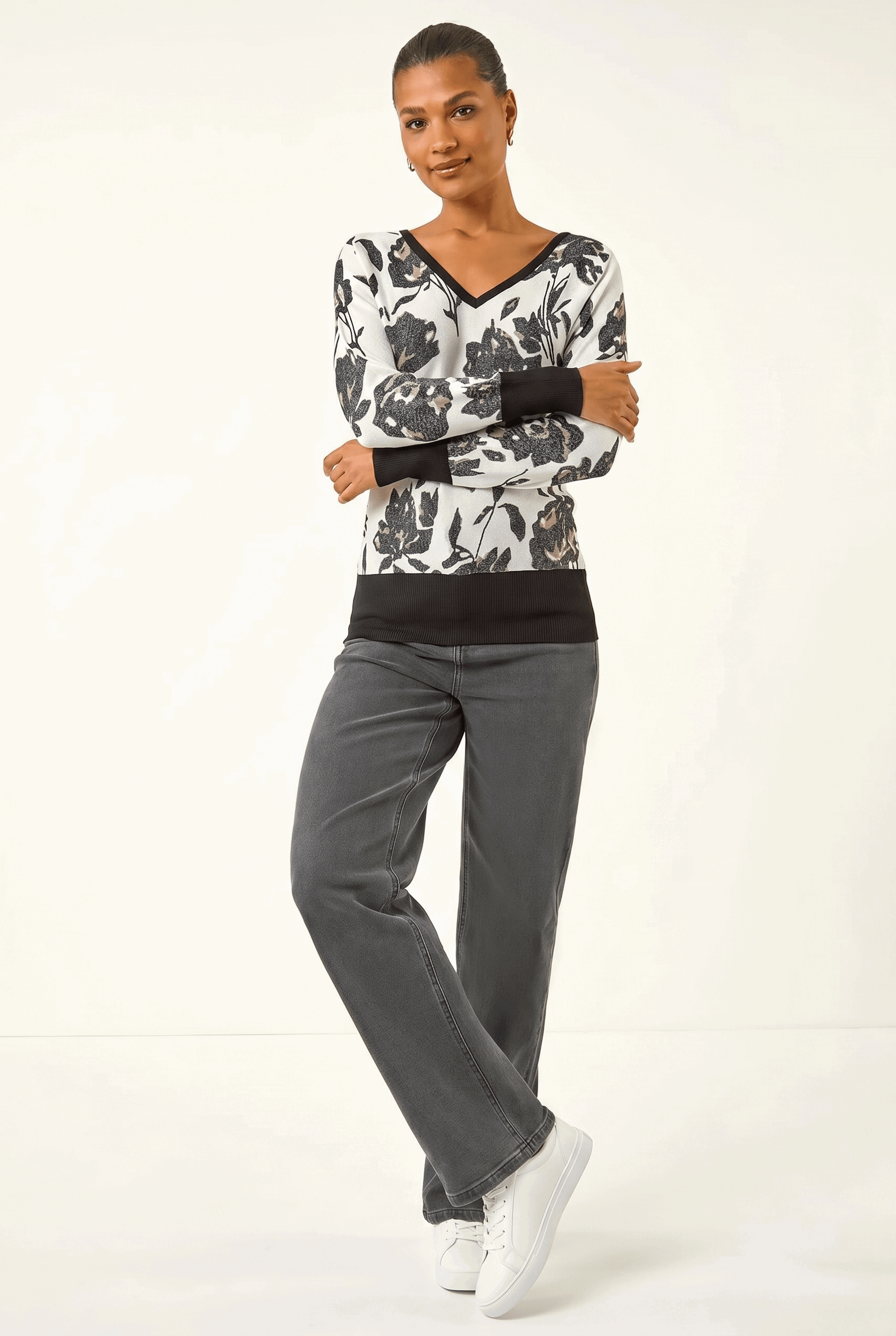 Ivory Floral Print V-Neck Knit Jumper, Image 1 of 6