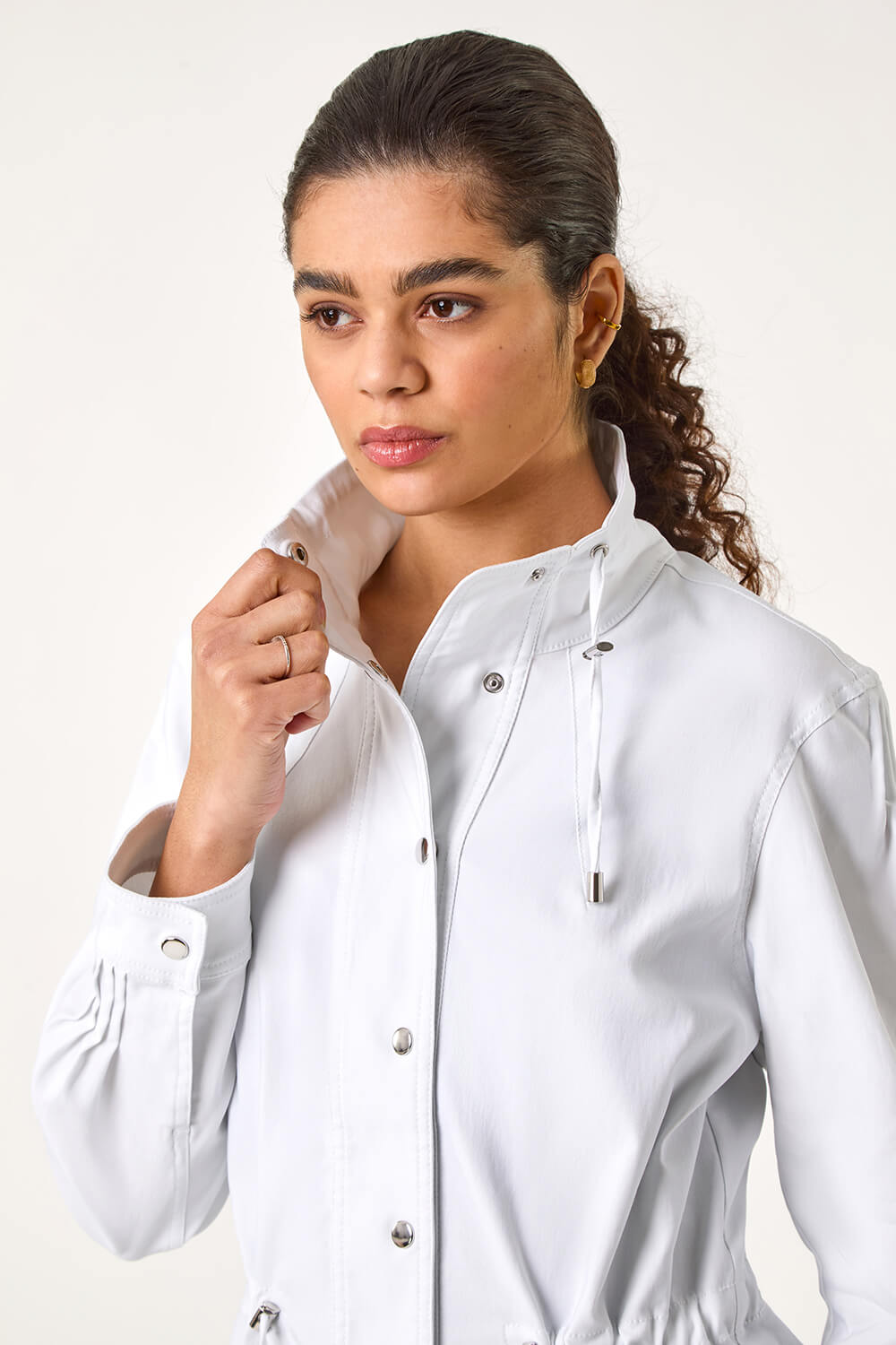 White Buttoned Stretch Safari Jacket, Image 5 of 7