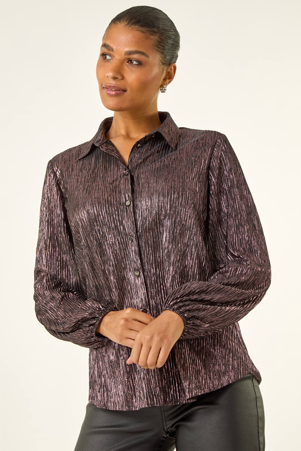Rose Foil Plisse Button Up Blouse, Image 5 of 5