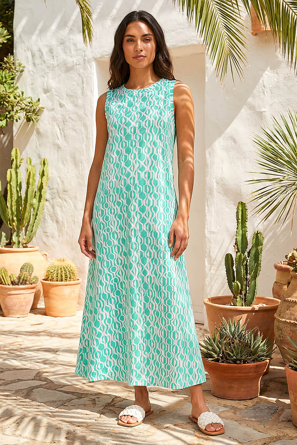 knee length dresses for ladies GEO PRINT MIDI DRESS W/ PLEATED SKIRT