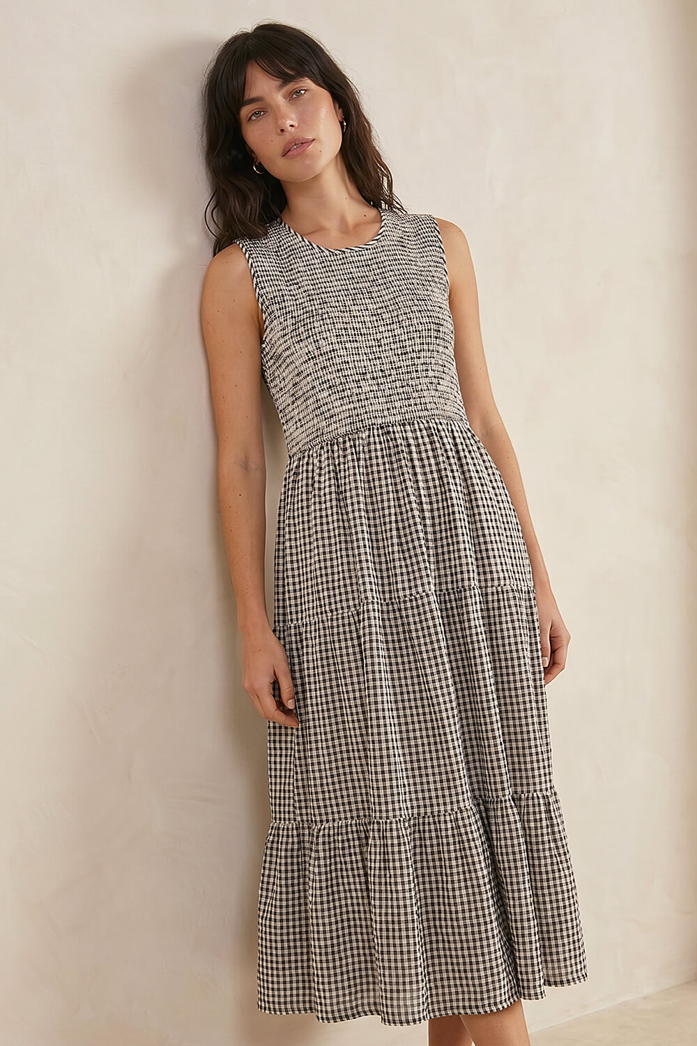 Black Gingham Shirred Midi Dress, Image 1 of 4