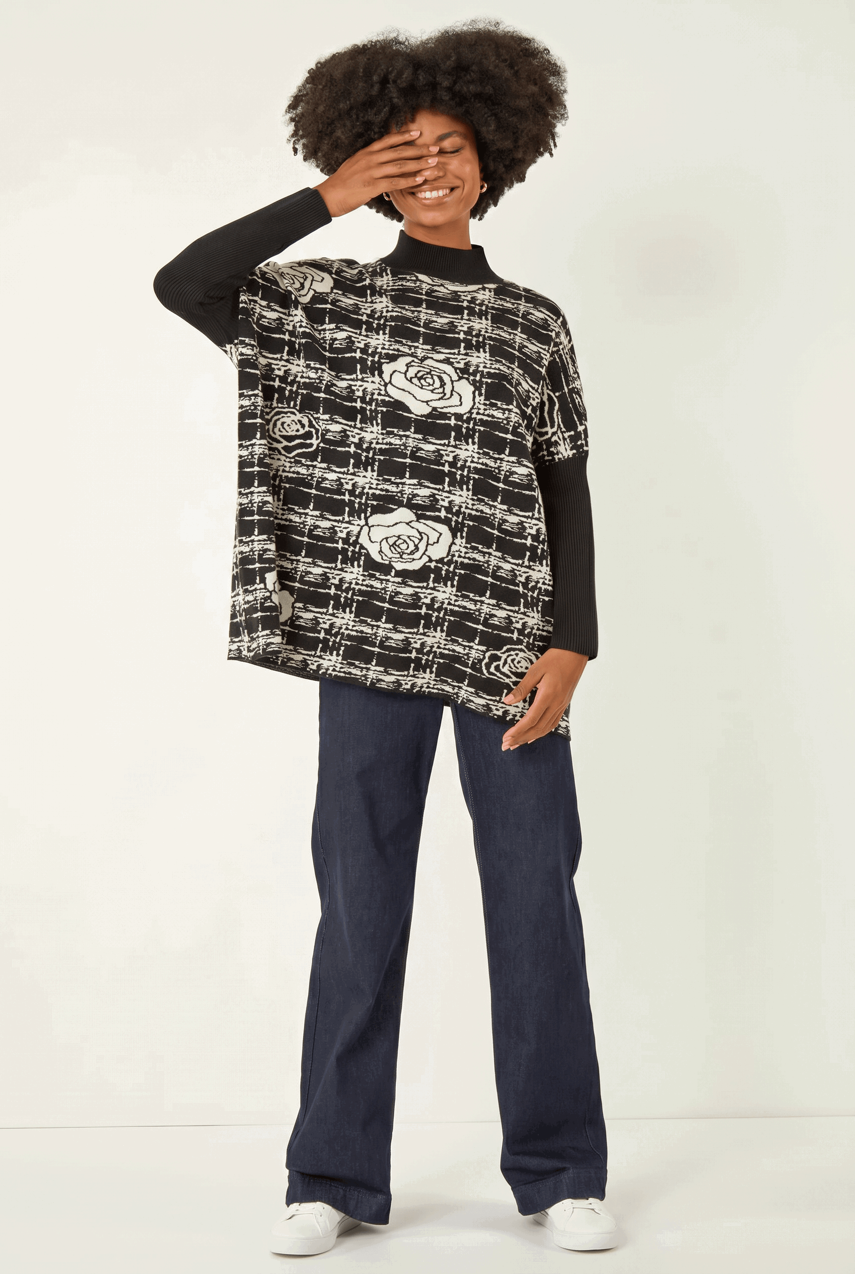 Black Plaid Rose Detail Knit Jumper, Image 4 of 5