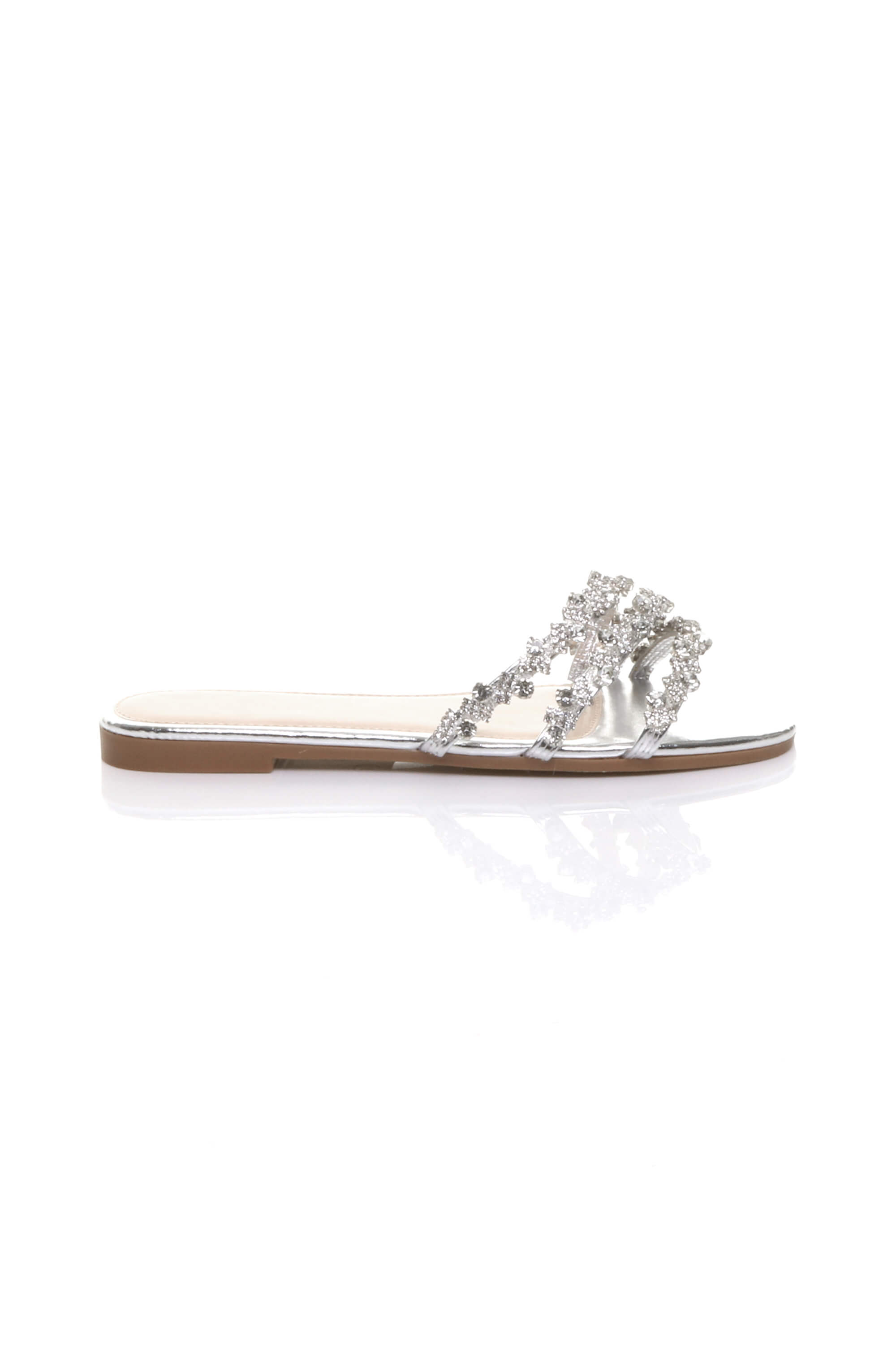 Silver Flat Diamante Sandals Flip Flops Sliders, Image 2 of 4