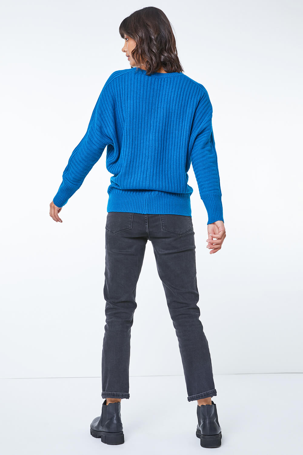 Teal Ribbed Geometric Print Batwing Jumper, Image 4 of 5