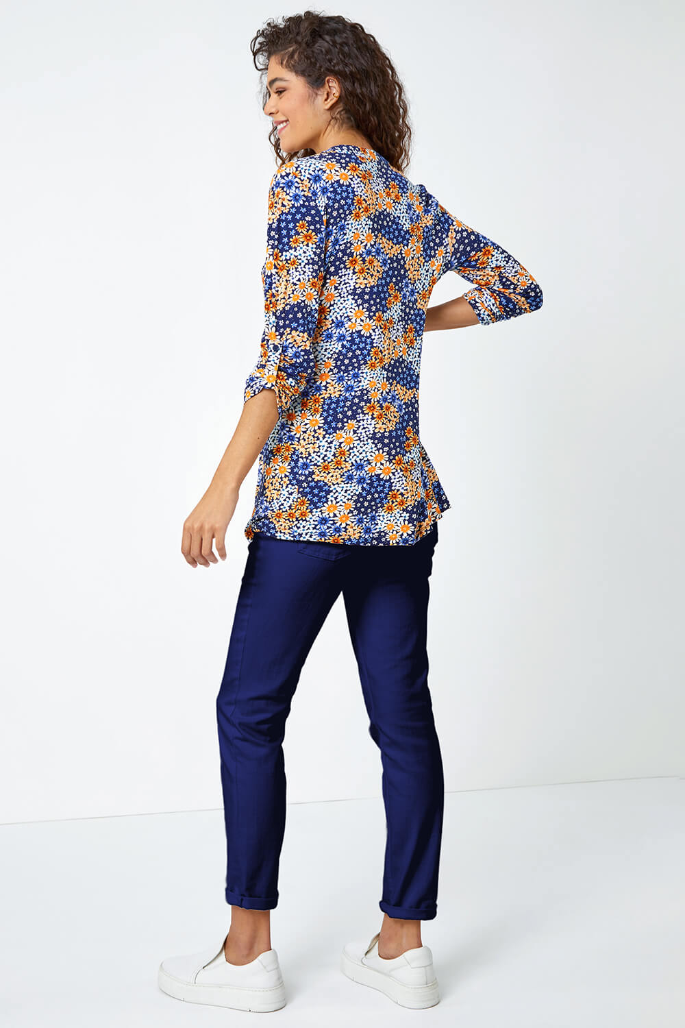ORANGE Ditsy Floral Pintuck 3/4 Sleeve Jersey Shirt, Image 3 of 5