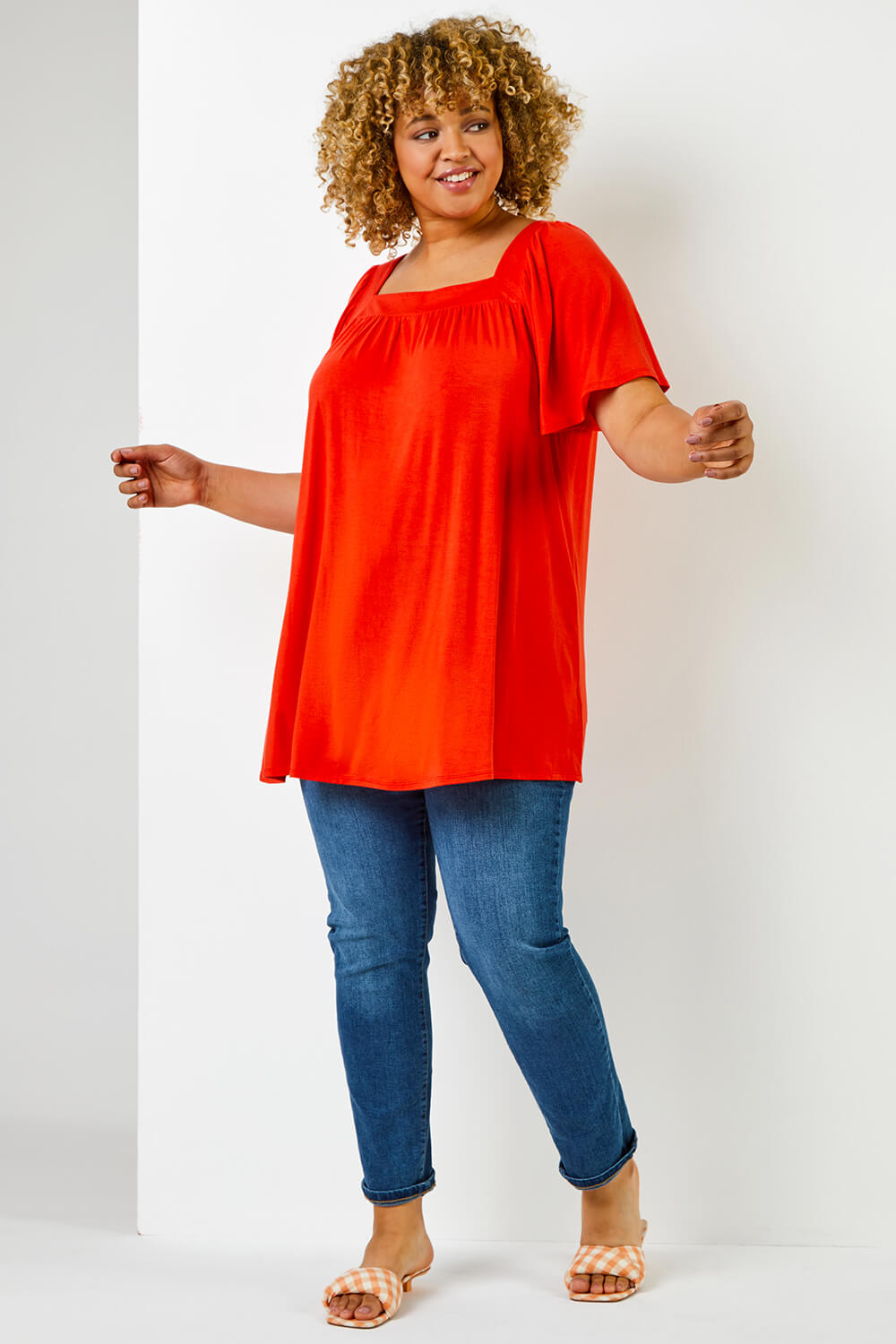 ORANGE Curve Plain Square Neck Top, Image 4 of 5