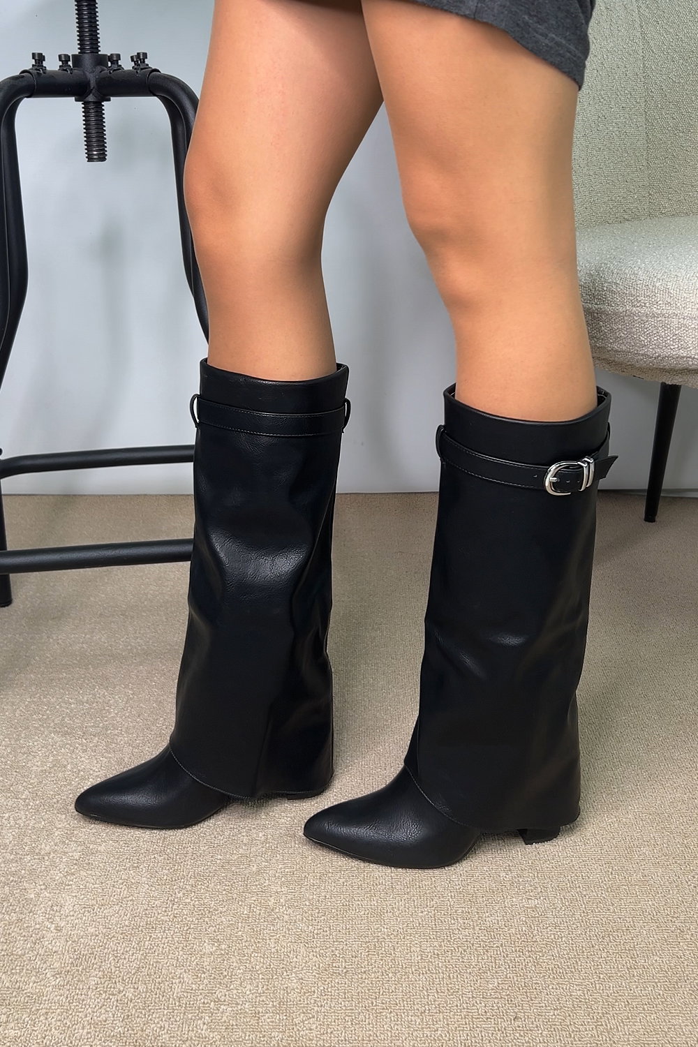 Black XY LONDON Black 'Aaliyah' Fold Over Boots Block Heel Buckle Point Toe, Image 7 of 7