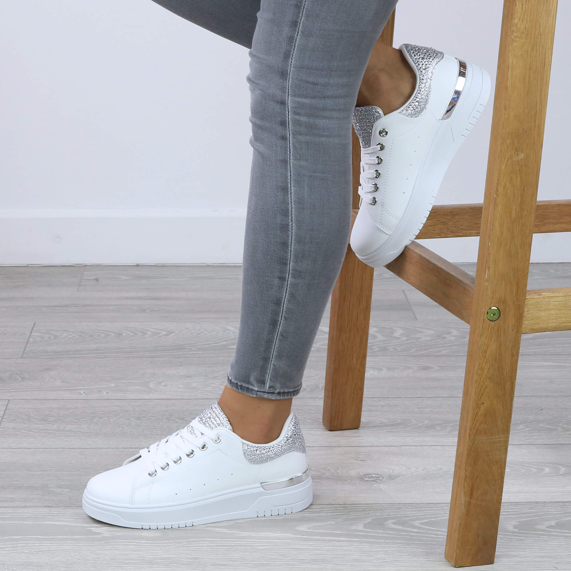 White AJVANI White Flat Chunky Diamante Sparkly Trainers, Image 5 of 6