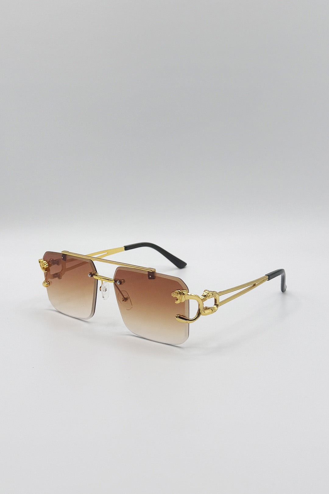 Brown Rimeless Navigator With Side Detail Sunglasses In Brown, Image 3 of 5