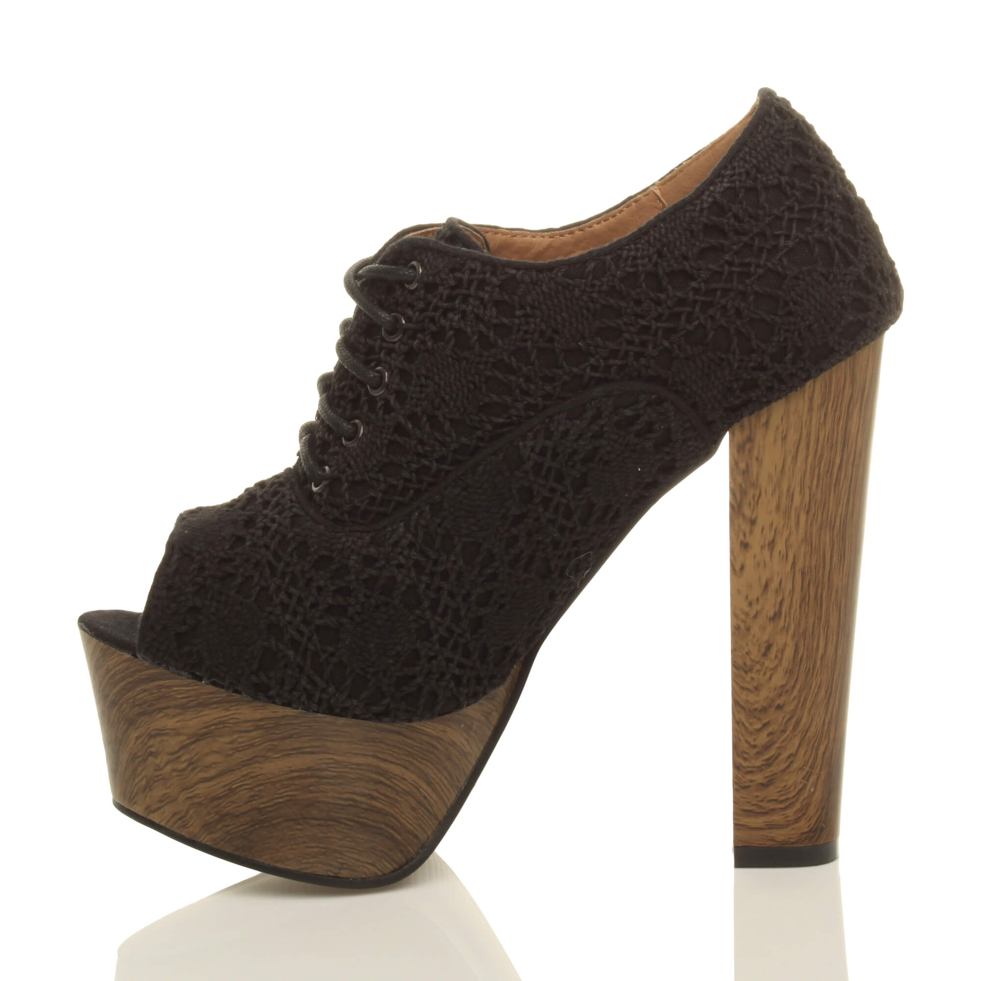 Black High Heel Crochet Lace Up Platform Peep Toe Shoe Boots, Image 3 of 5