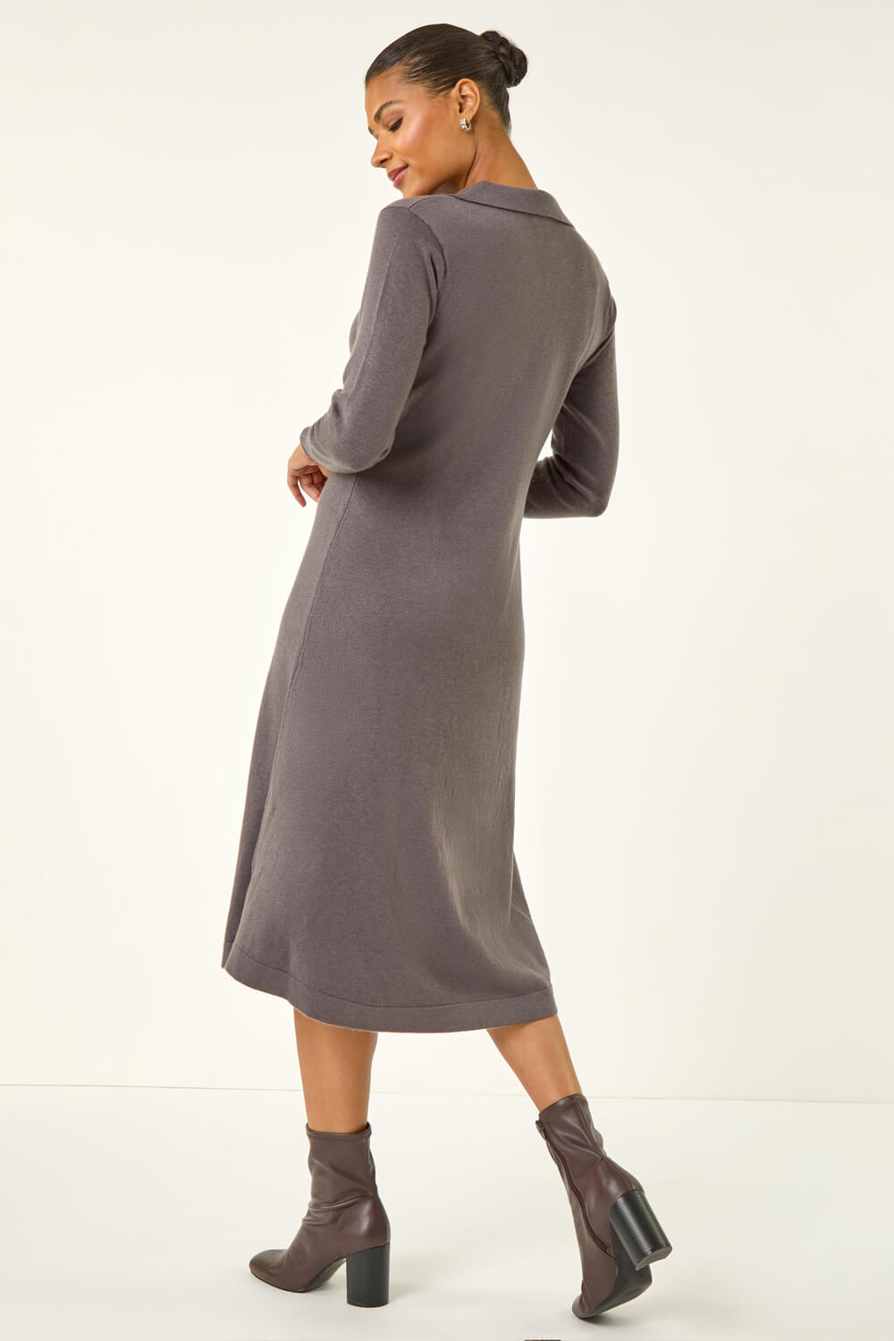 Dark Grey Scallop Detail Knitted Midi Dress, Image 4 of 5