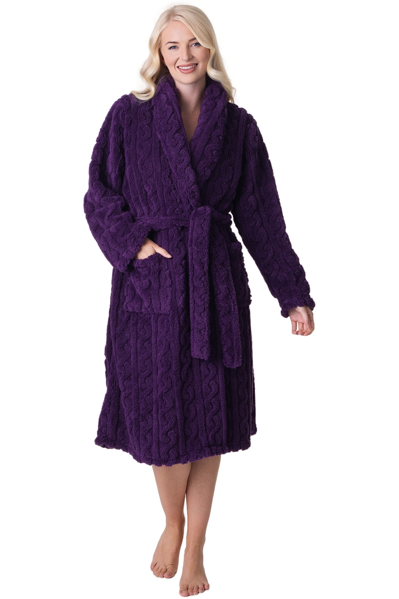 Purple Camille Lingerie Purple Supersoft Fleece Jaquard Bathrobe, Image 4 of 5