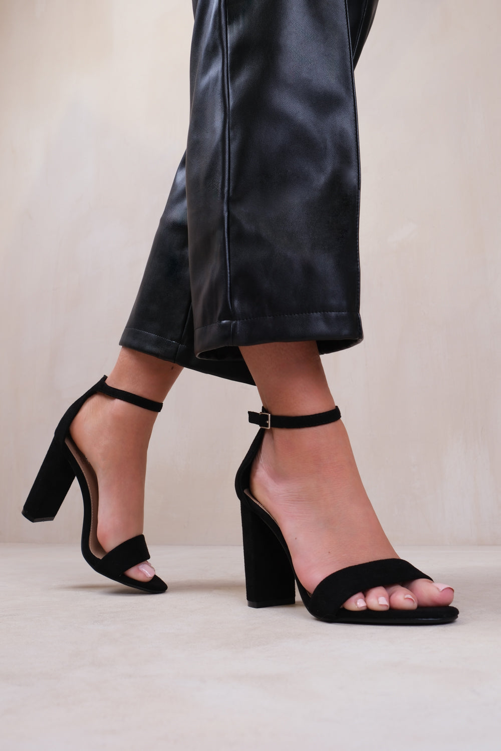 Black Where's That From Black 'Skye' Strappy Block Heels With Buckle Suede, Image 1 of 3