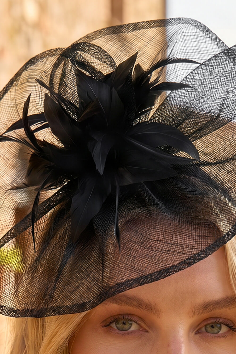 Black Floral Feather Veil Disc Fascinator, Image 5 of 4