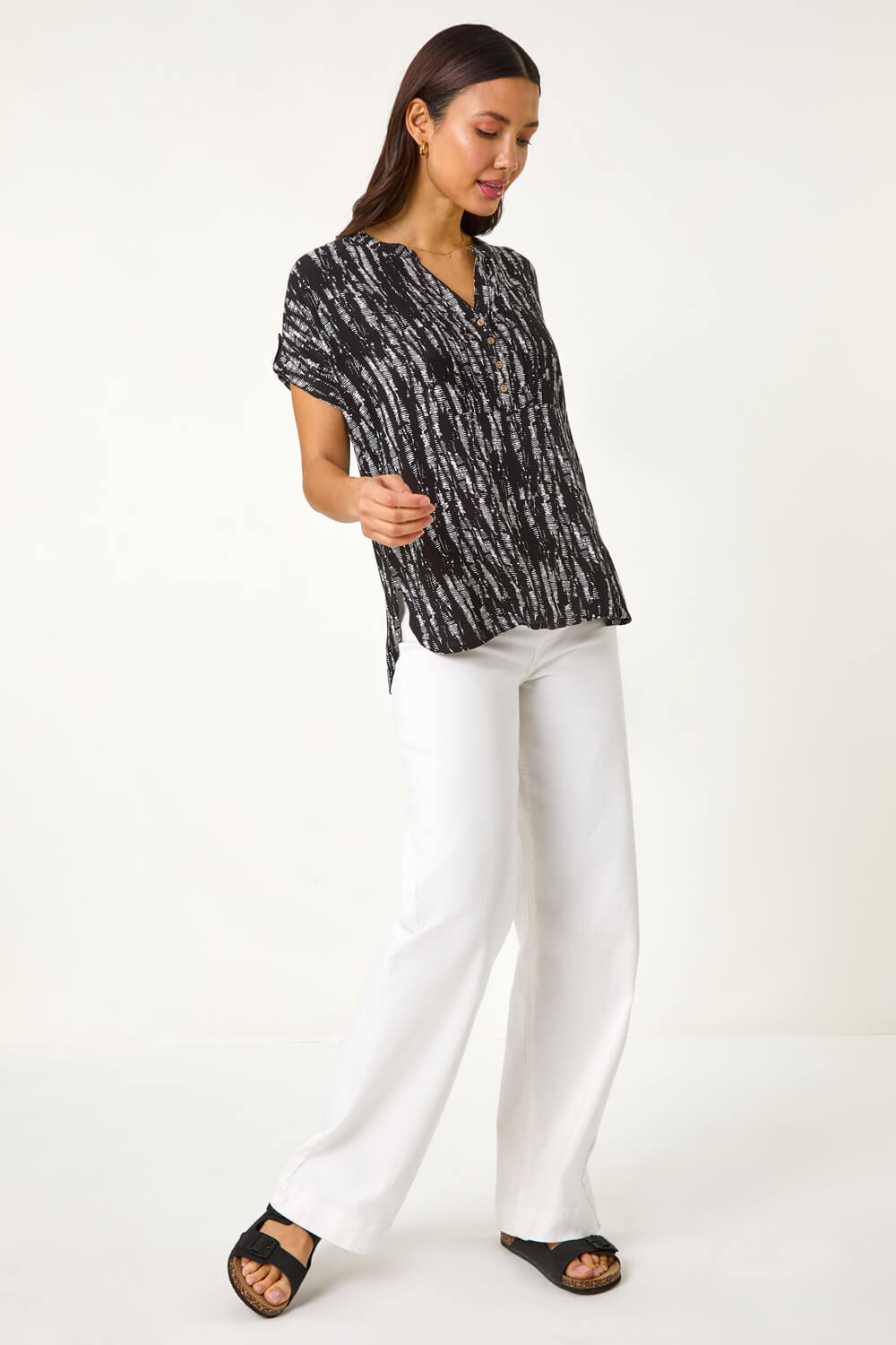Black Abstract Print V-Neck Button Top, Image 3 of 5
