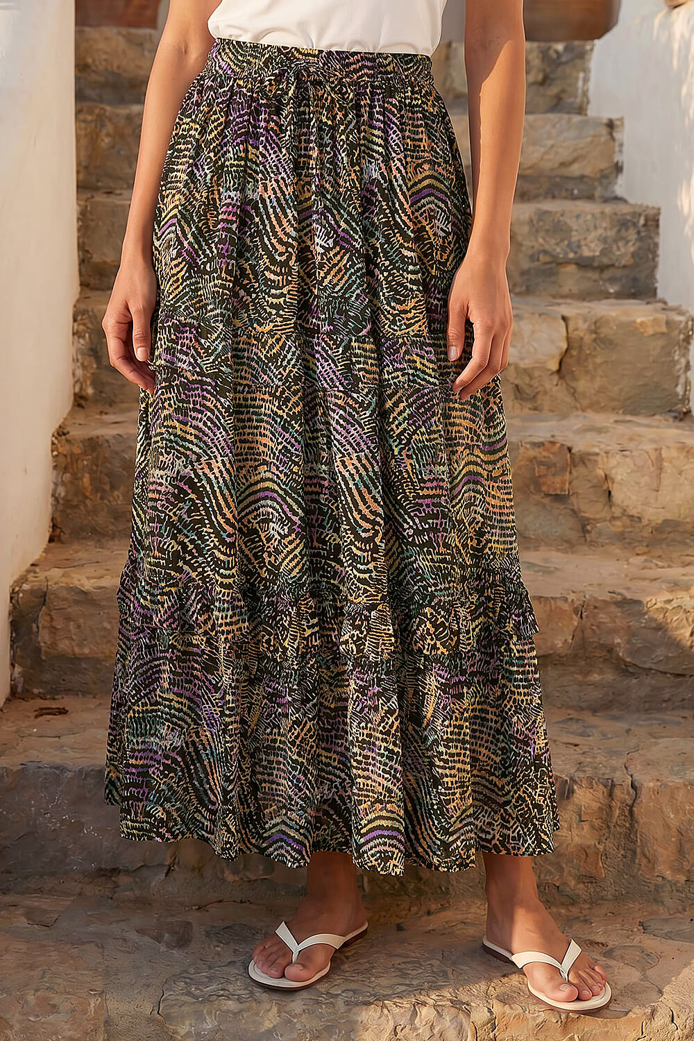 Black Abstract Contrast Print Maxi Skirt, Image 1 of 4