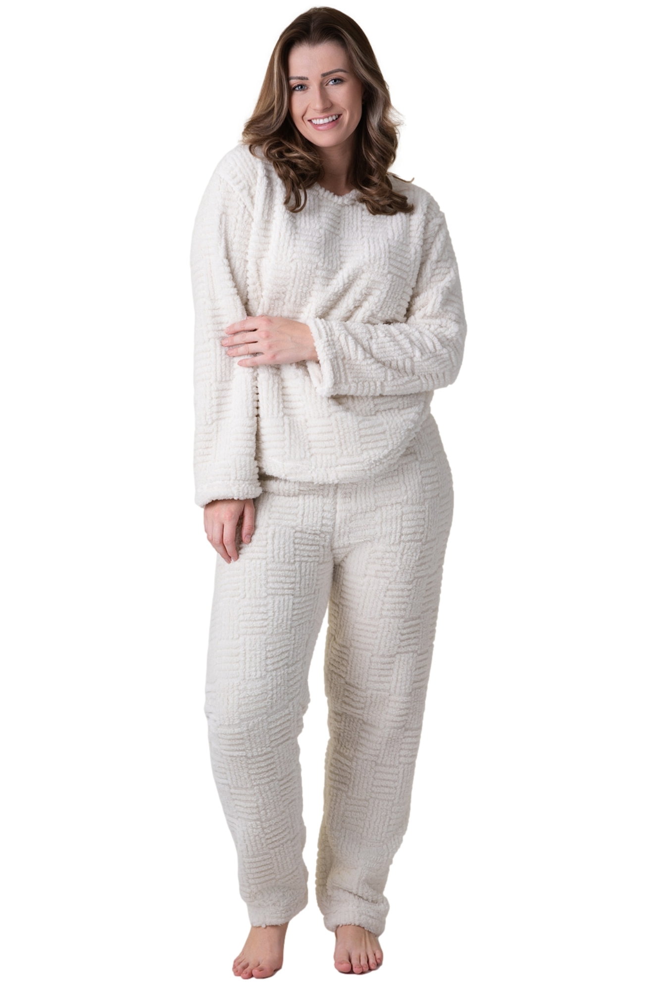 Cream Supersoft Textured Woven Pattern Fleece Pyjamas, Image 1 of 5