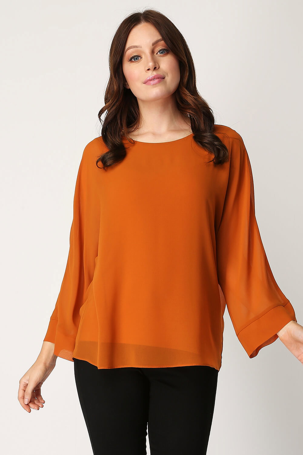 Copper Long Sleeve Overlay Chiffon Top, Image 1 of 4