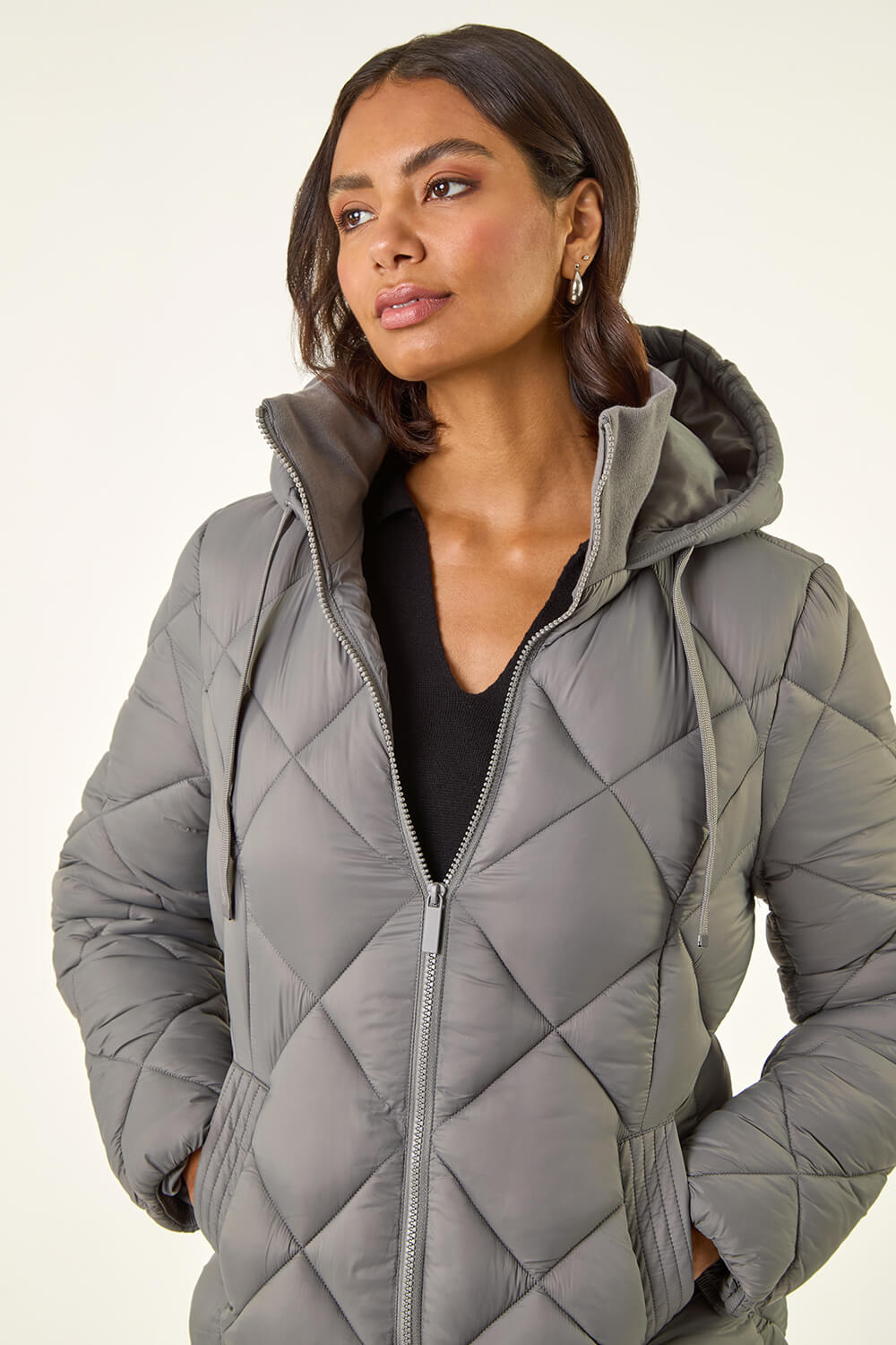 Grey Diamond Quilt Padded Coat, Image 6 of 6