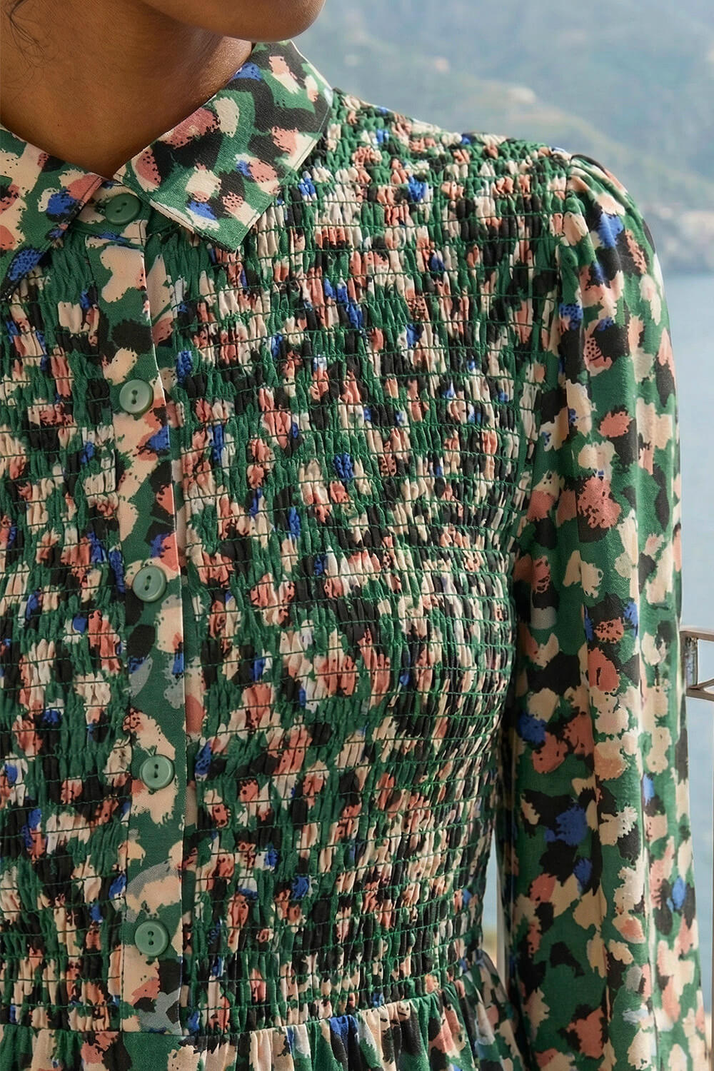 Green Speckled Print Shirred Midi Dress, Image 5 of 4