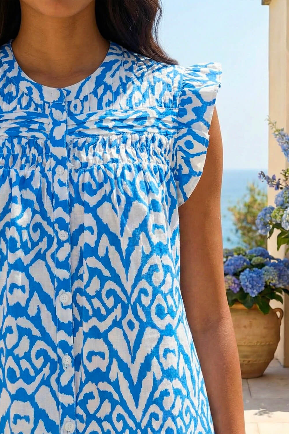 Blue Abstract Print Pleated Sleeve Blouse, Image 5 of 4