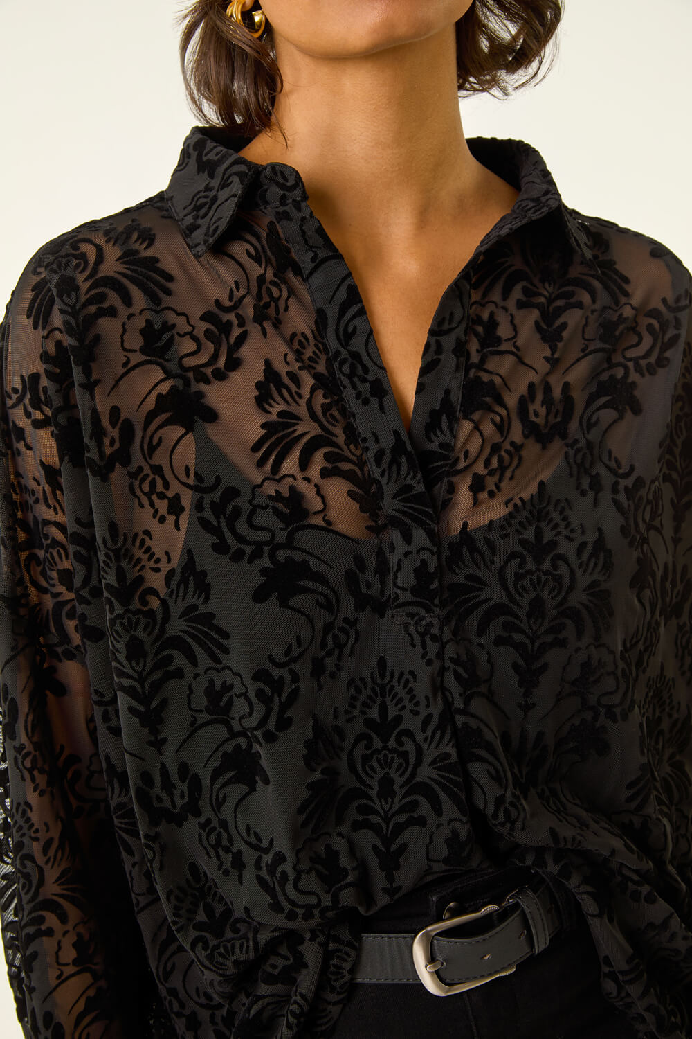 Black Textured Floral V-Neck Top, Image 7 of 6
