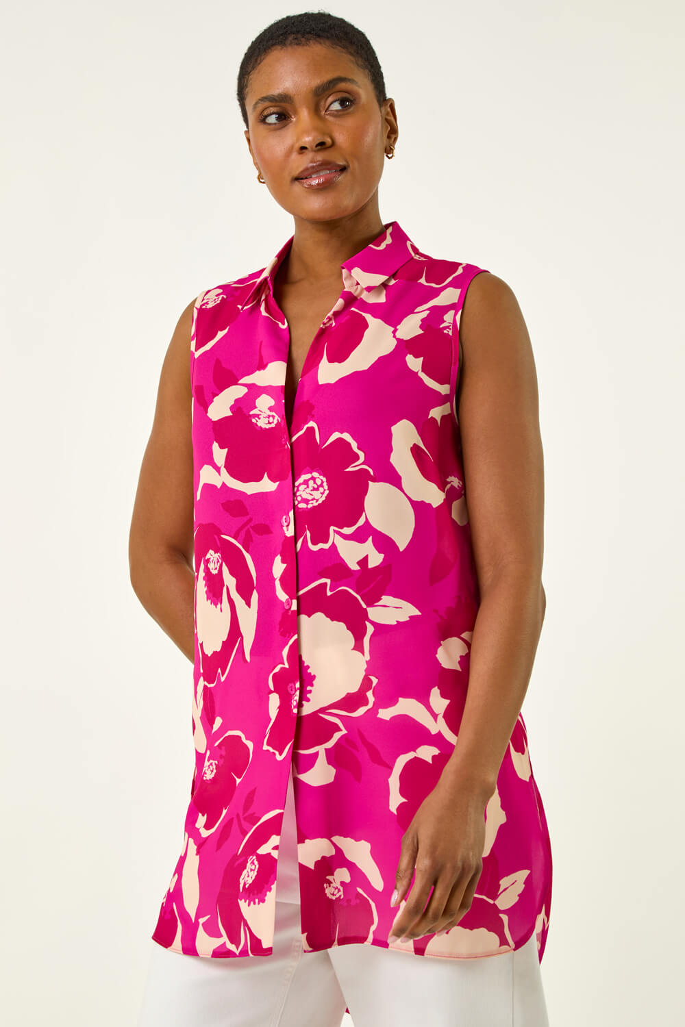 Roman Women's Pink Floral Print Longline Button Blouse Size 10