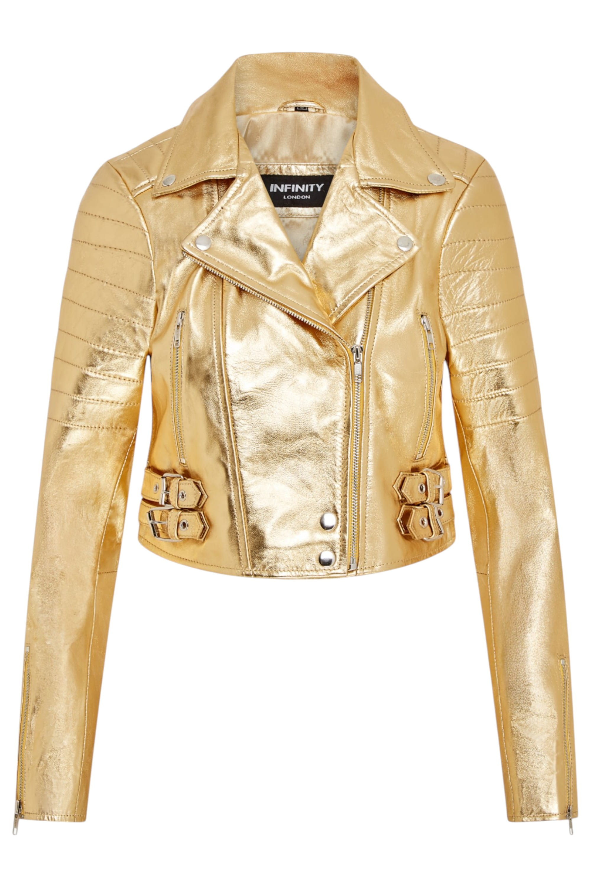 Gold Cropped Brando Leather Biker Jacket, Image 2 of 7