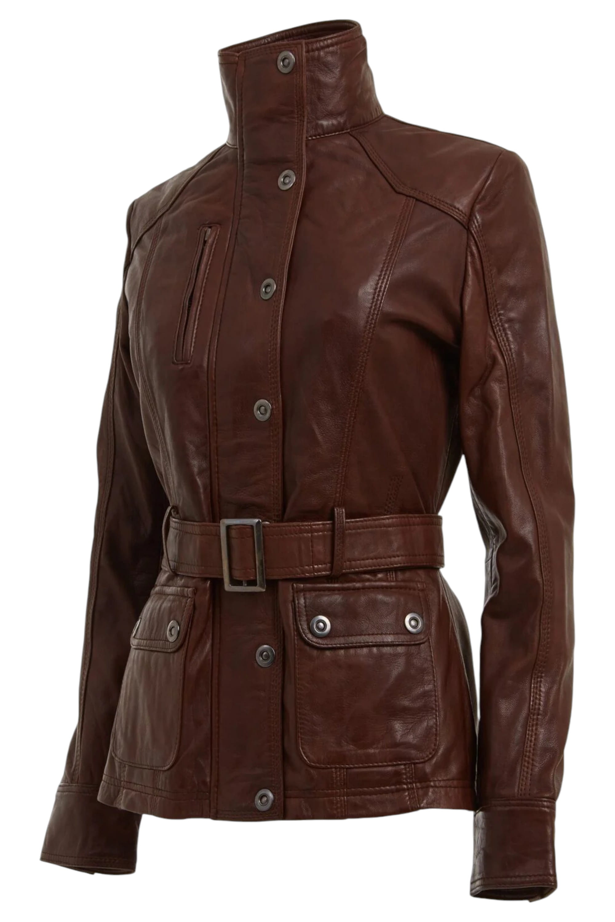 Brown Military Style Leather Biker Jacket, Image 3 of 4