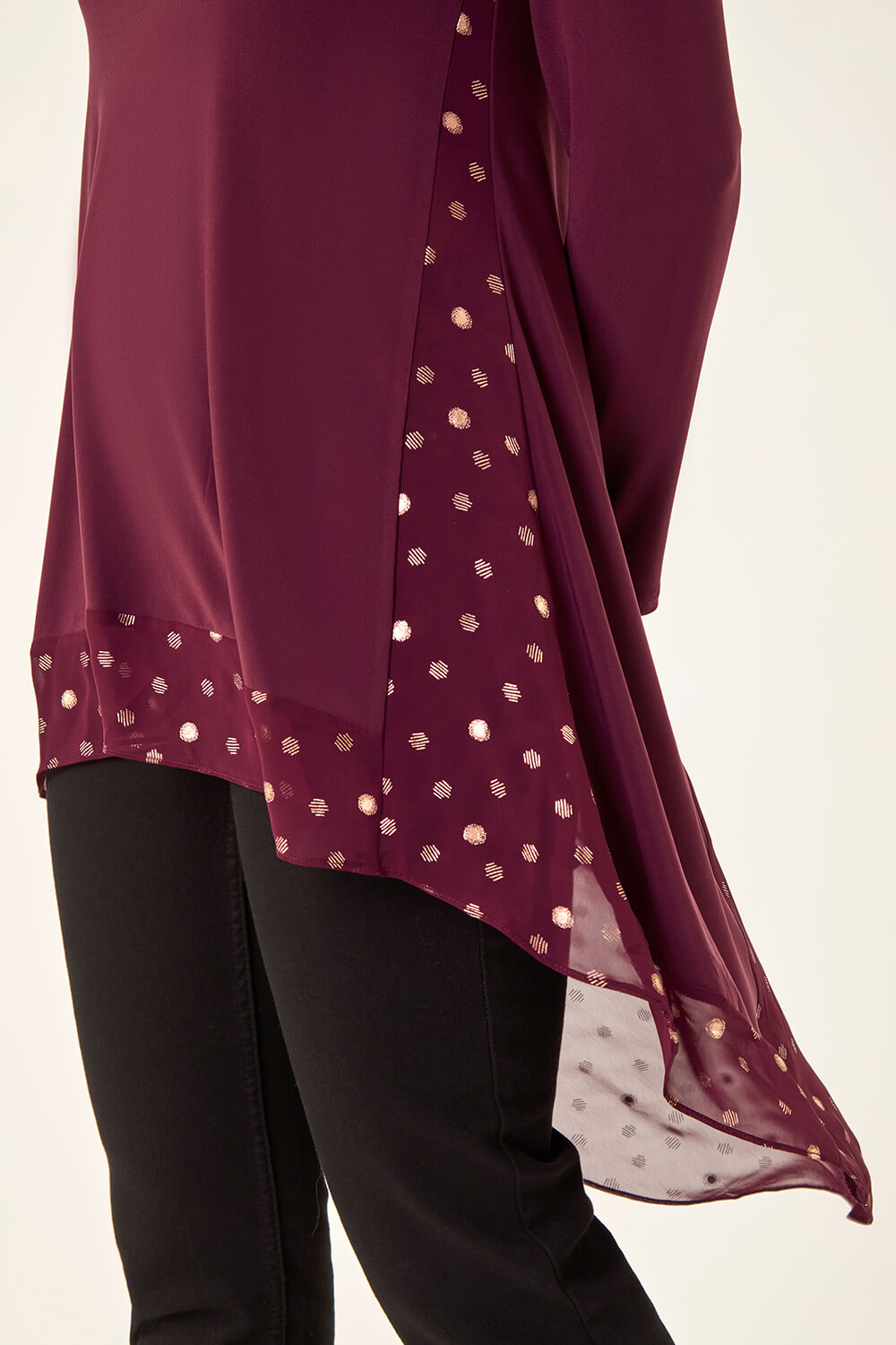 Burgundy Foil Spot Print Chiffon Hem Top, Image 6 of 5