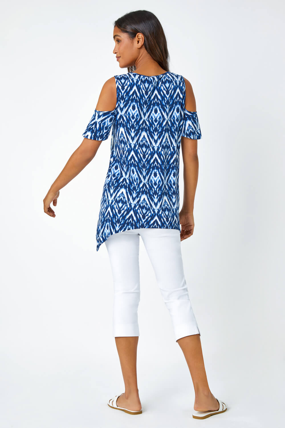 Blue Tie Dye Jersey  V-Neck Cold Shoulder Top, Image 4 of 5