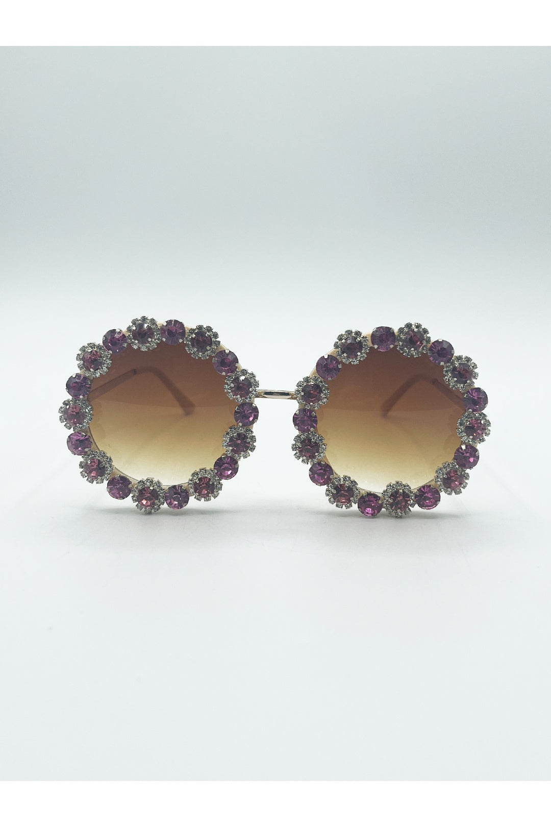 Pink Round Floral Crystal Gem Sunglasses in Pink, Image 1 of 6