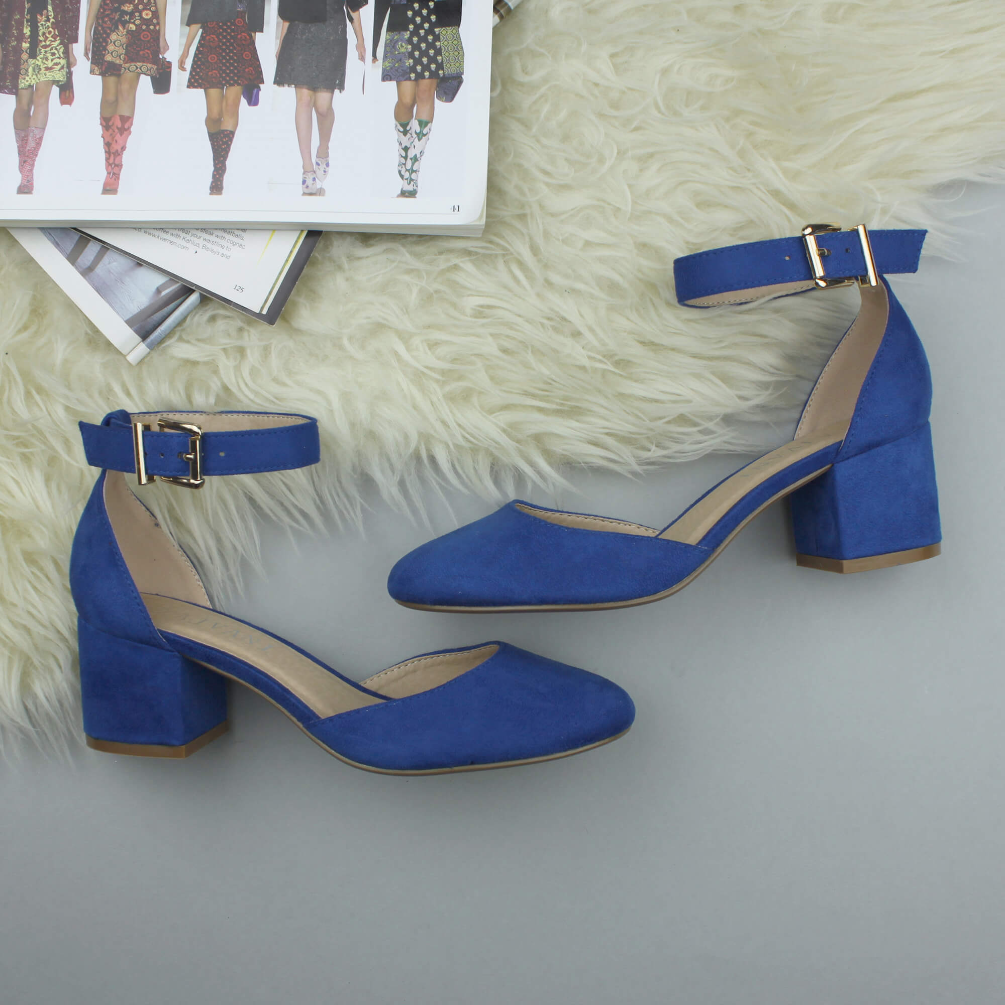 Royal Blue AJVANI Royal Blue Mid Block Heel Ankle Strap 2 Part Heels, Image 4 of 6