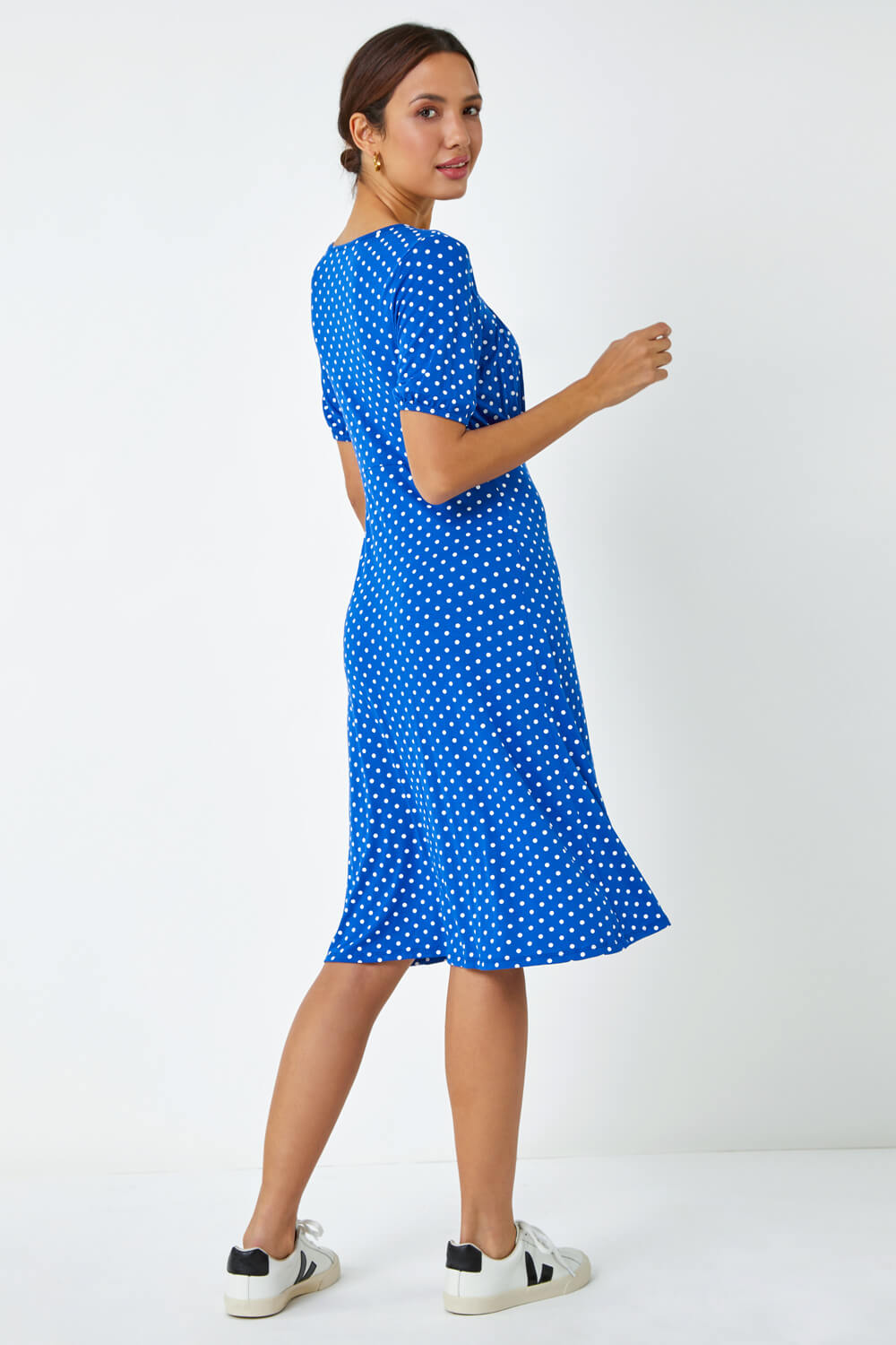 Royal Blue Polka Dot Print Stretch Dress, Image 4 of 5