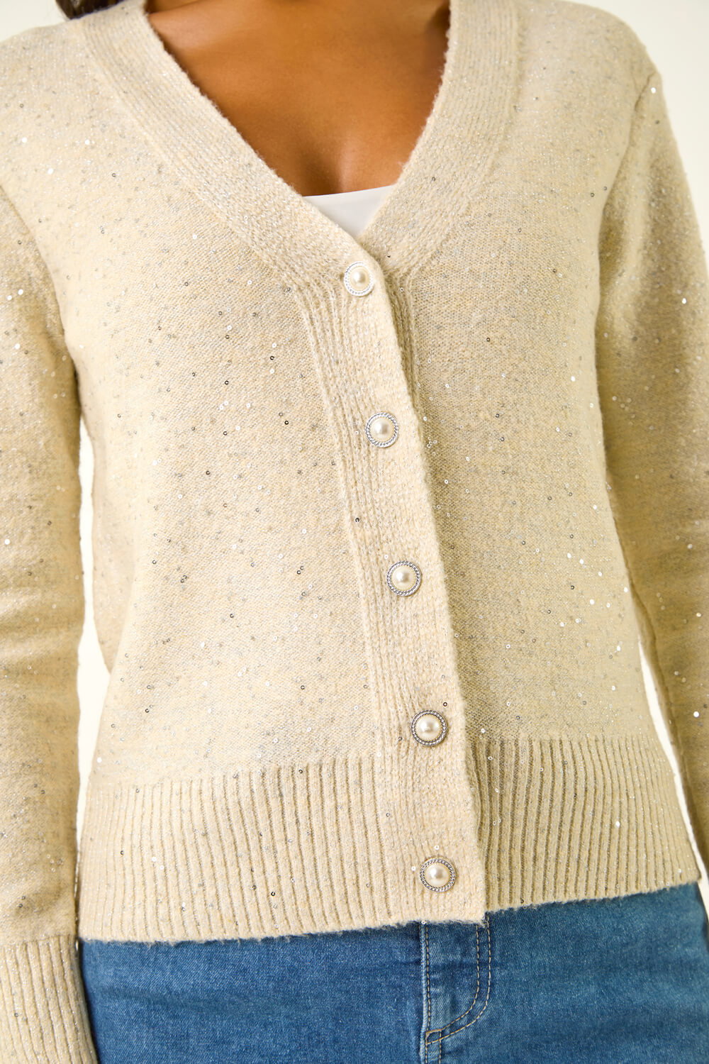 Cream Sequin V-Neck Buttoned Cardigan, Image 6 of 5