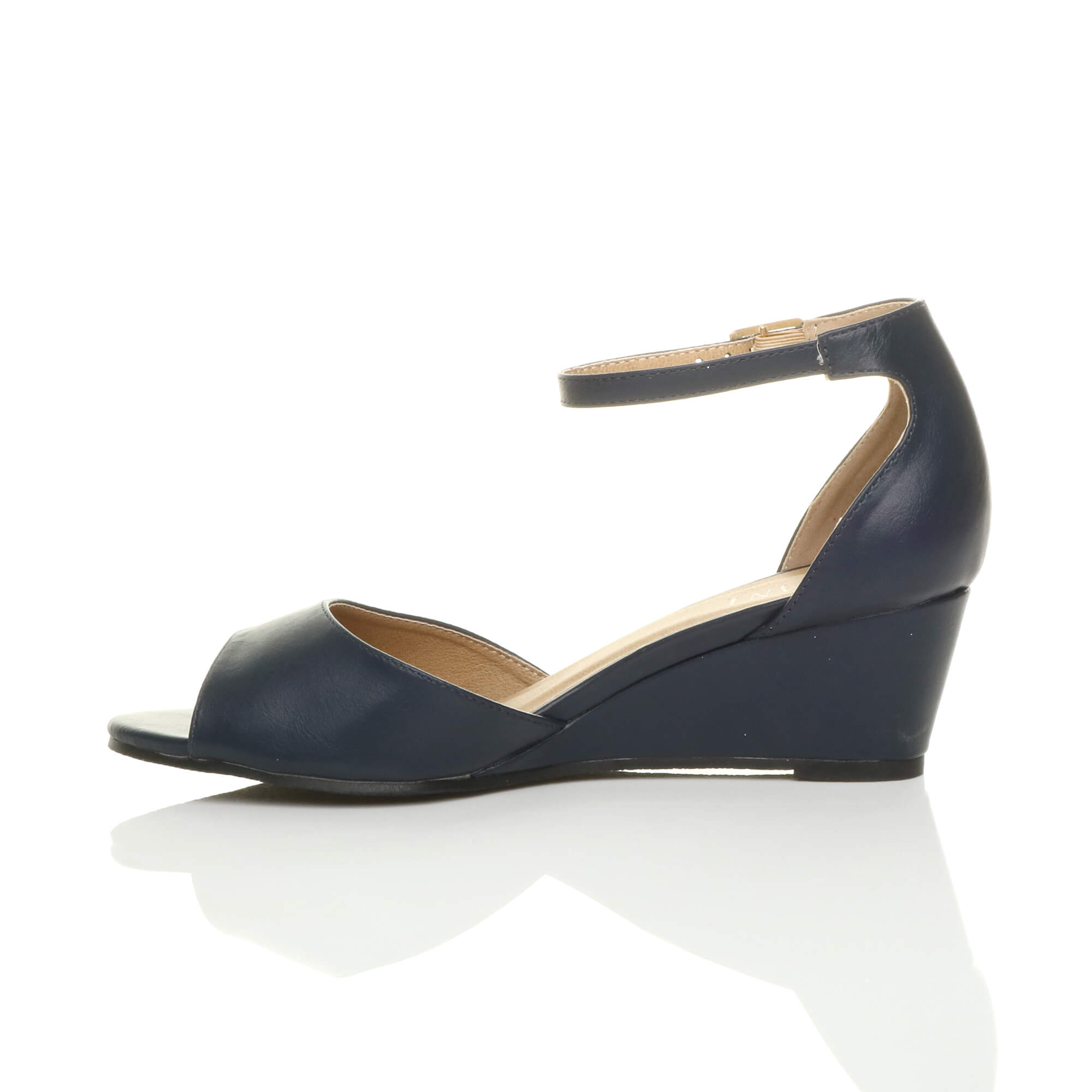 Navy Blue AJVANI Navy Blue Mid Wedge Heel Ankle Strap Sandals, Image 3 of 6