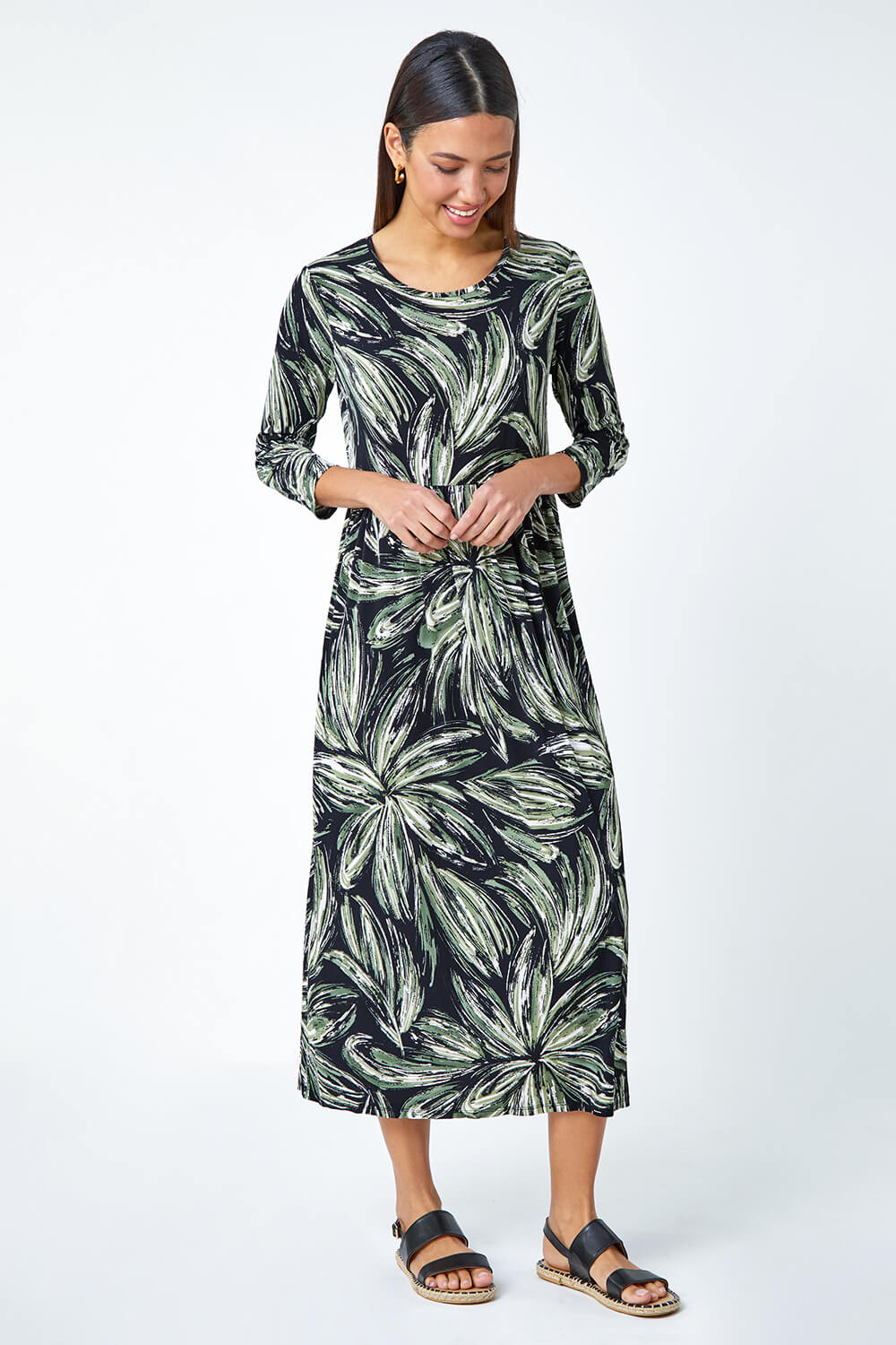 Roman Women's Khaki Textured Floral Print Midi Stretch Dress Size 10