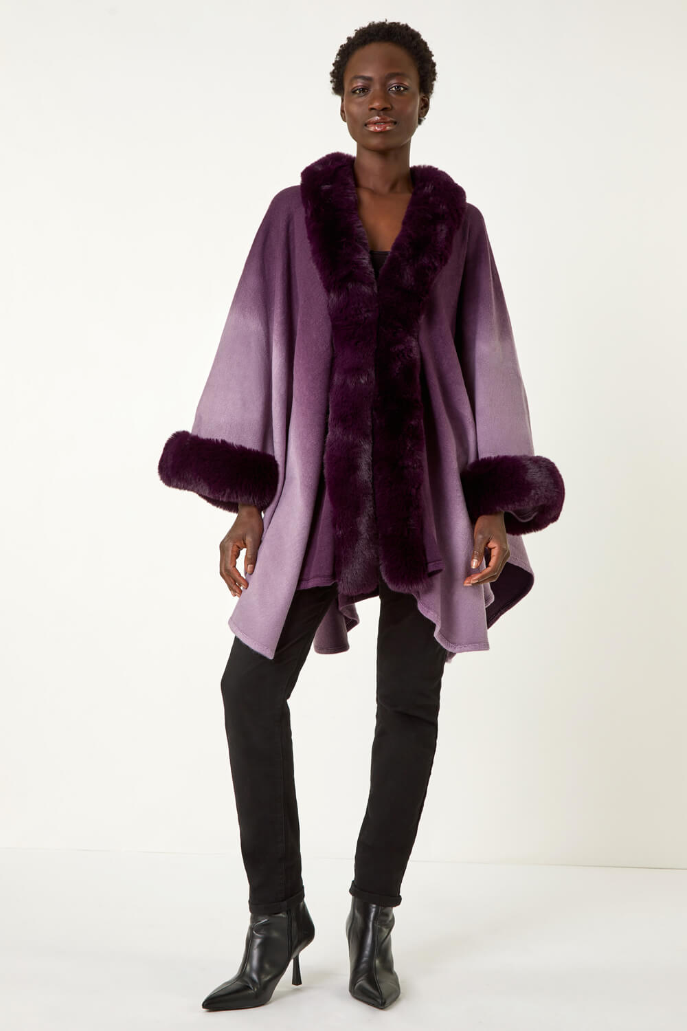 Purple Dip Dye Faux Fur Trim Cape, Image 3 of 5