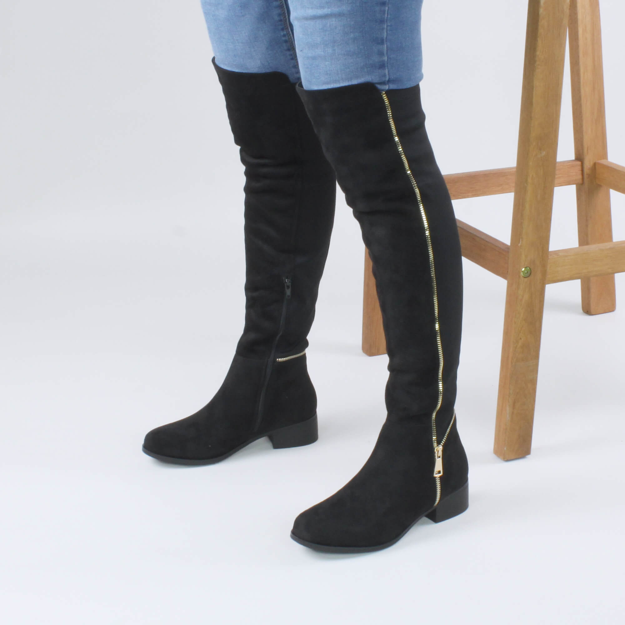 Black AJVANI Black Elastic Gold Zip Over The Knee Boots, Image 5 of 6