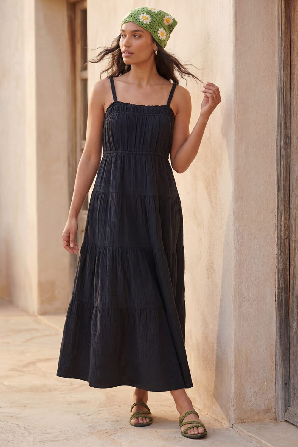 Black Strappy Tiered Maxi Dress, Image 3 of 4