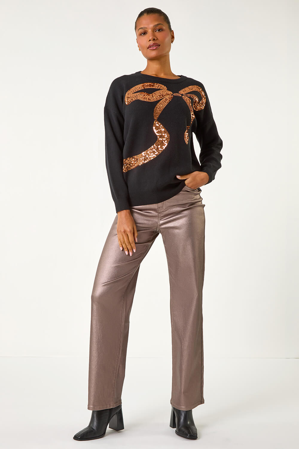 Black Bow Sequin Detail Knit Jumper, Image 3 of 5