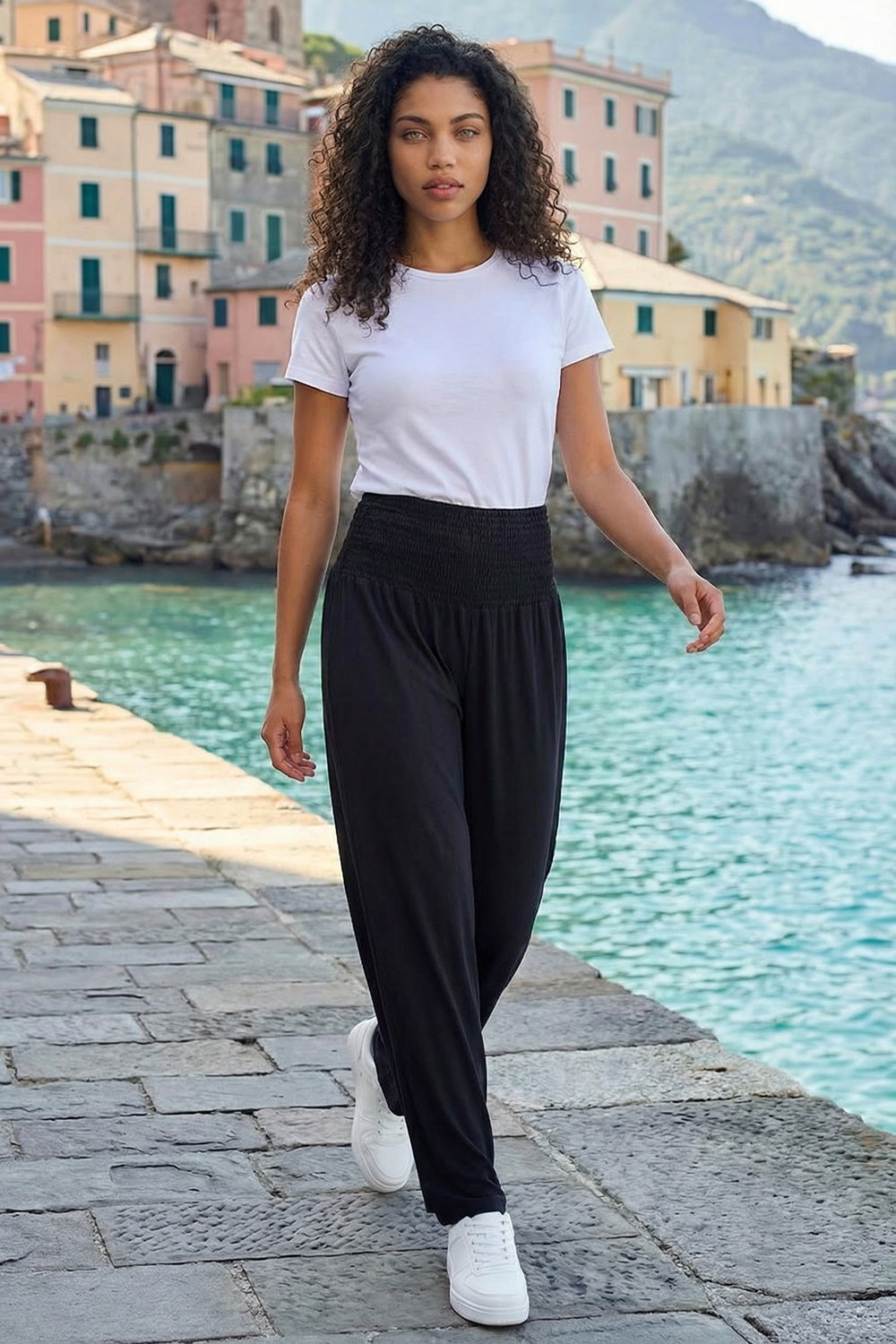 Black Petite Shirred Straight Leg Stretch Trouser, Image 4 of 4