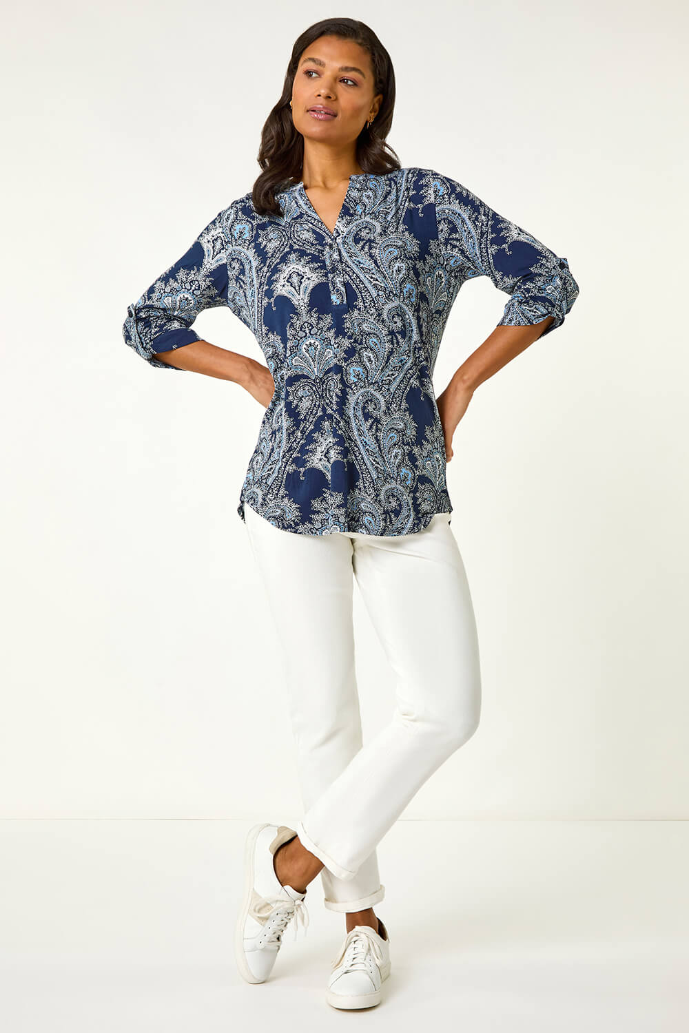 Navy Paisley Print Shoulder Pleat Shirt, Image 3 of 5
