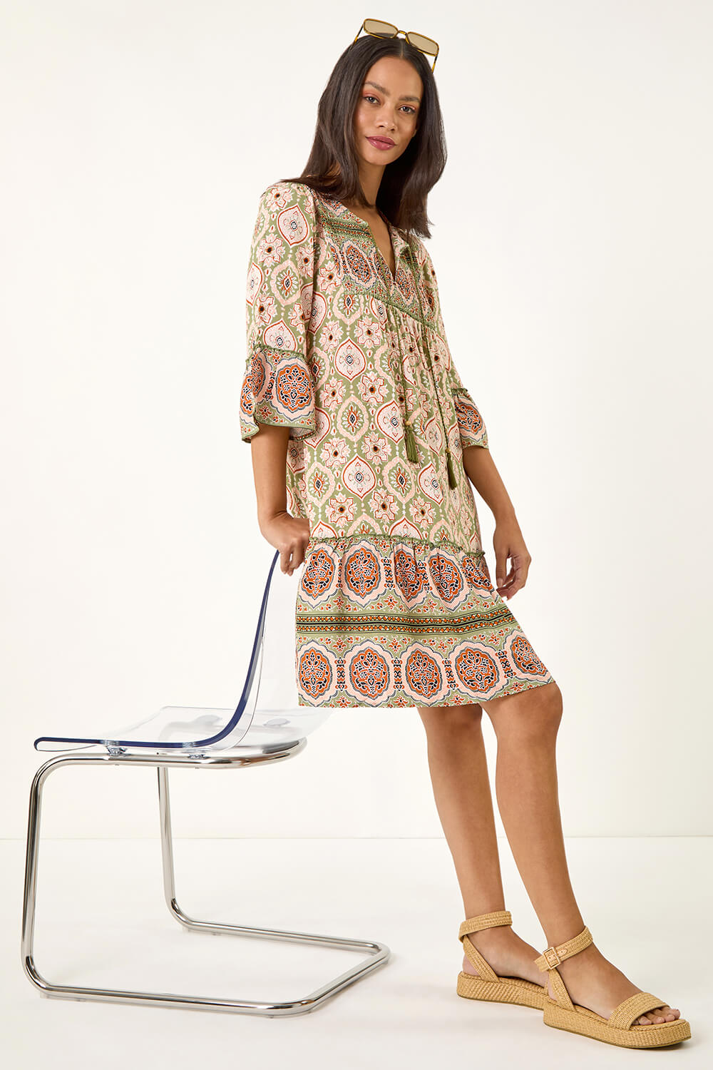 KHAKI Dusk Mix Print Smock Midi Dress, Image 3 of 7