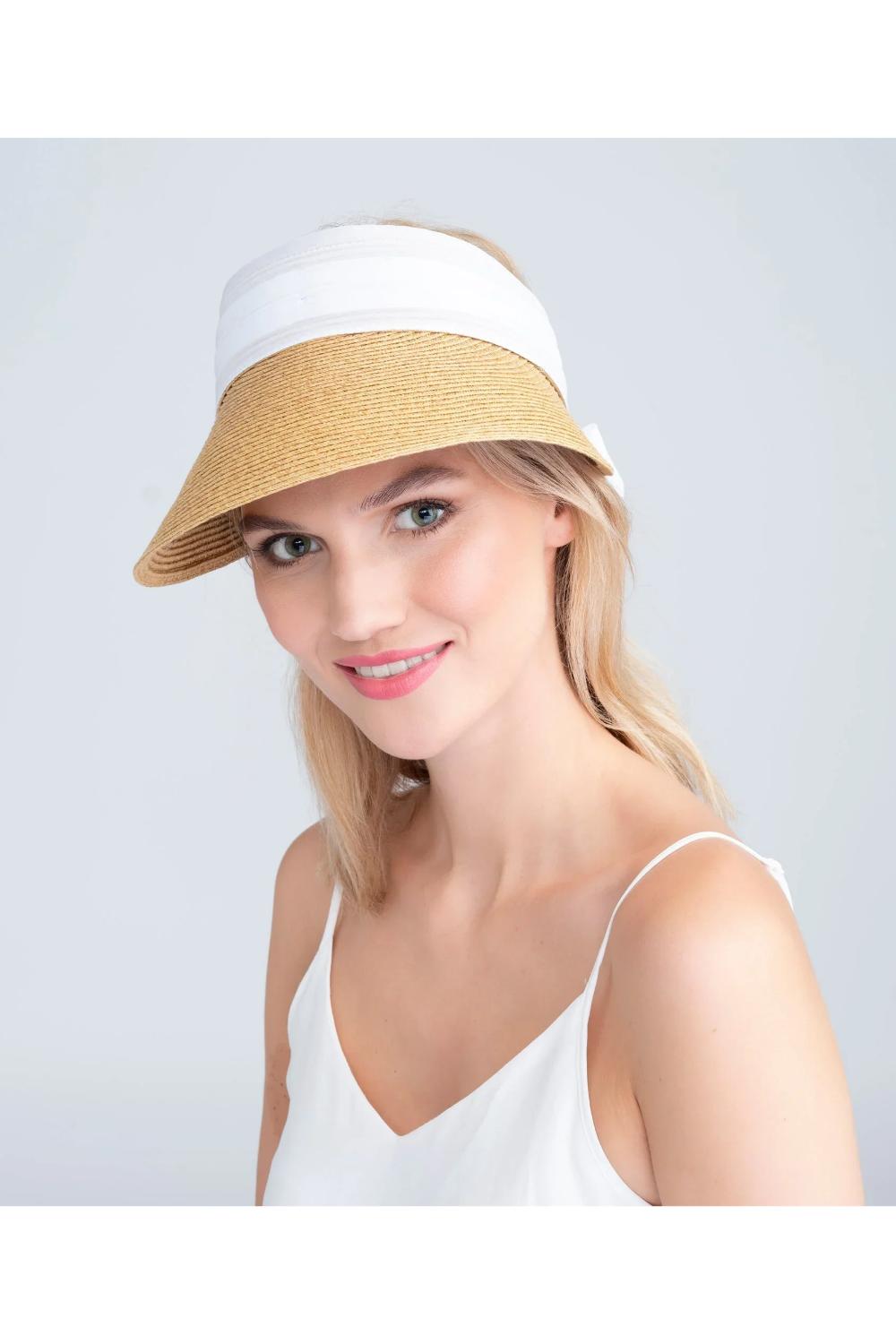 White Misha - Chiffon Tie Straw Visor - White, Image 1 of 3