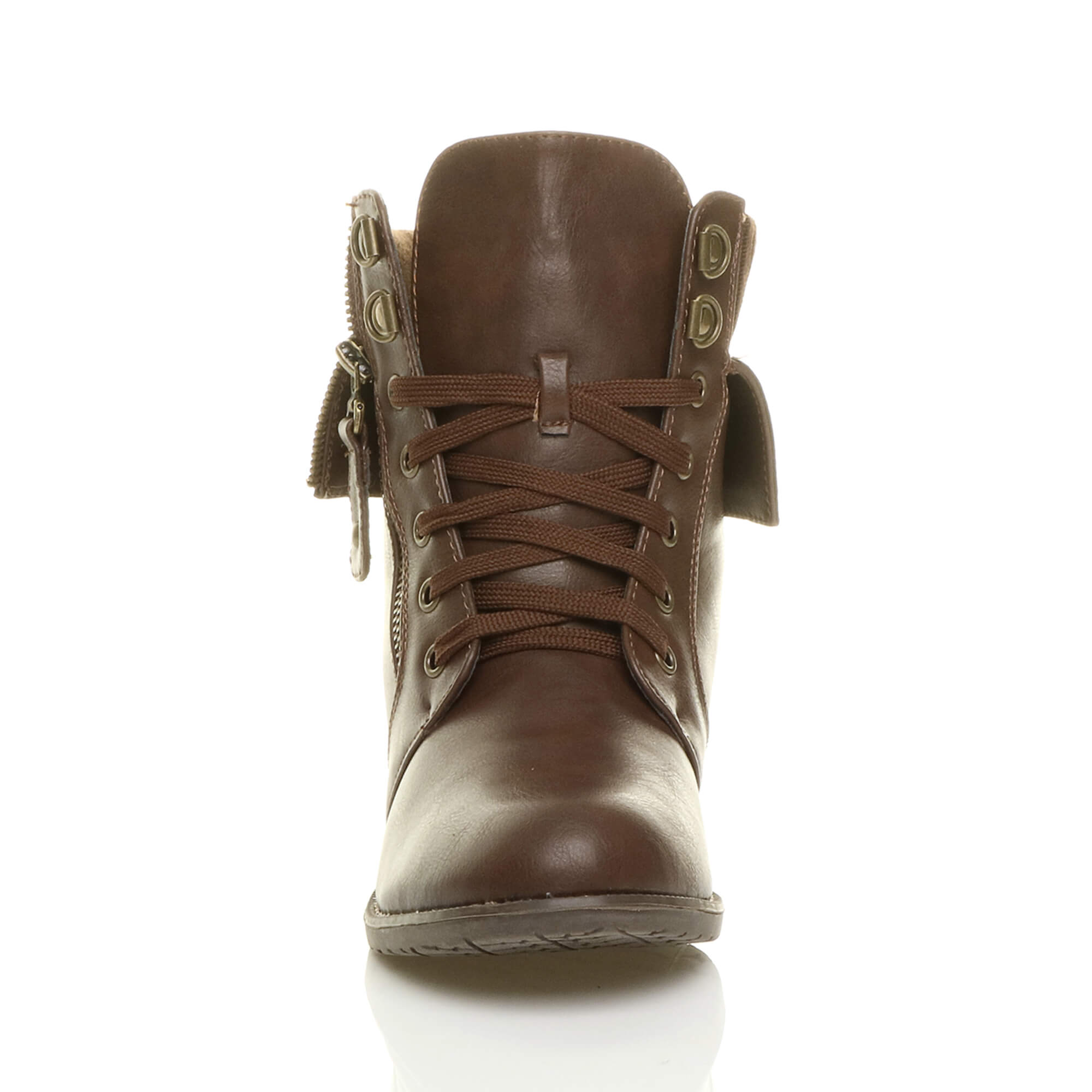 Brown Lace Up Knitted Collar Biker Military Boots, Image 5 of 5