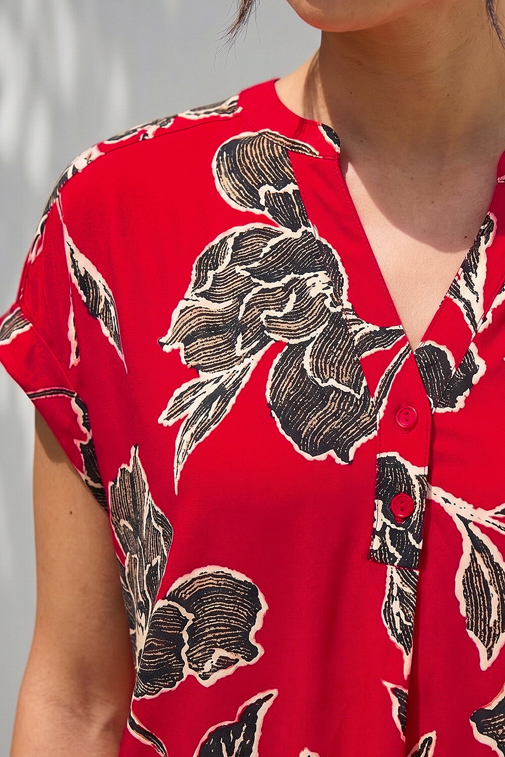 Red Floral Puff Print Stretch Top, Image 5 of 4